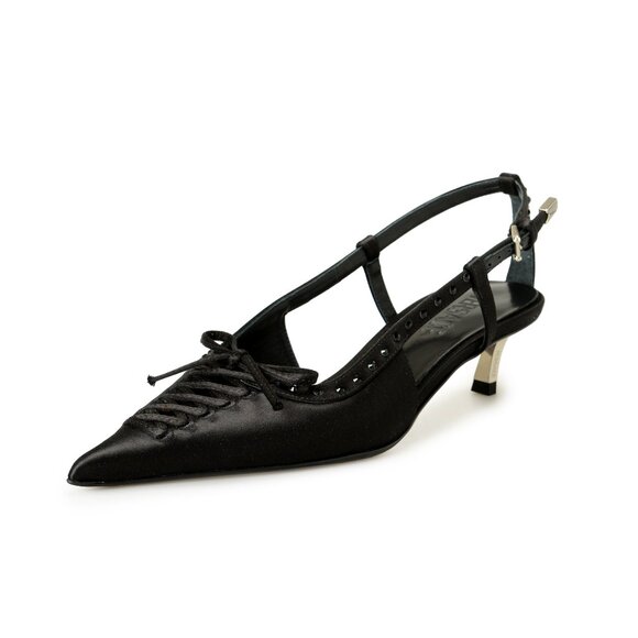 Leather heels Versace Black size 37.5 EU in Leather - 46011340 Versace Women\'s Black Satin & Strass Sling Back Pumps Shoes US 6.5 IT 36.5 main image 1